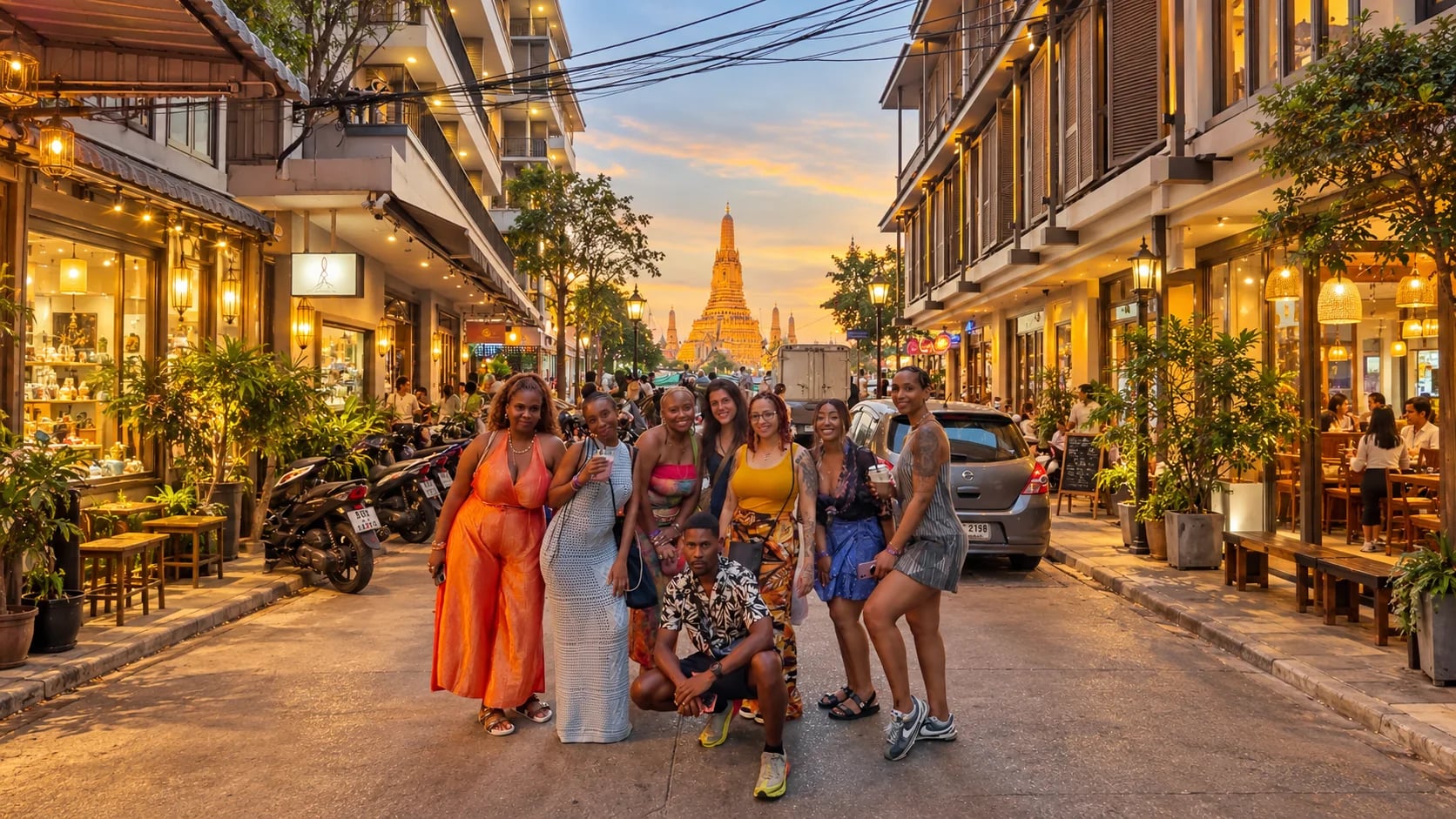 A group of friends pose together on a lantern-lit street at dusk, a tall golden temple spire glowing at the far end.
